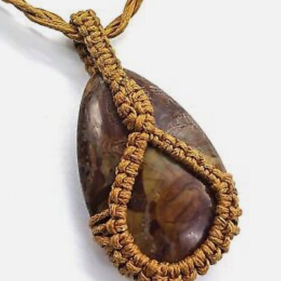 Free People boho style stone pendant woven necklace green brown - Picture 7 of 7